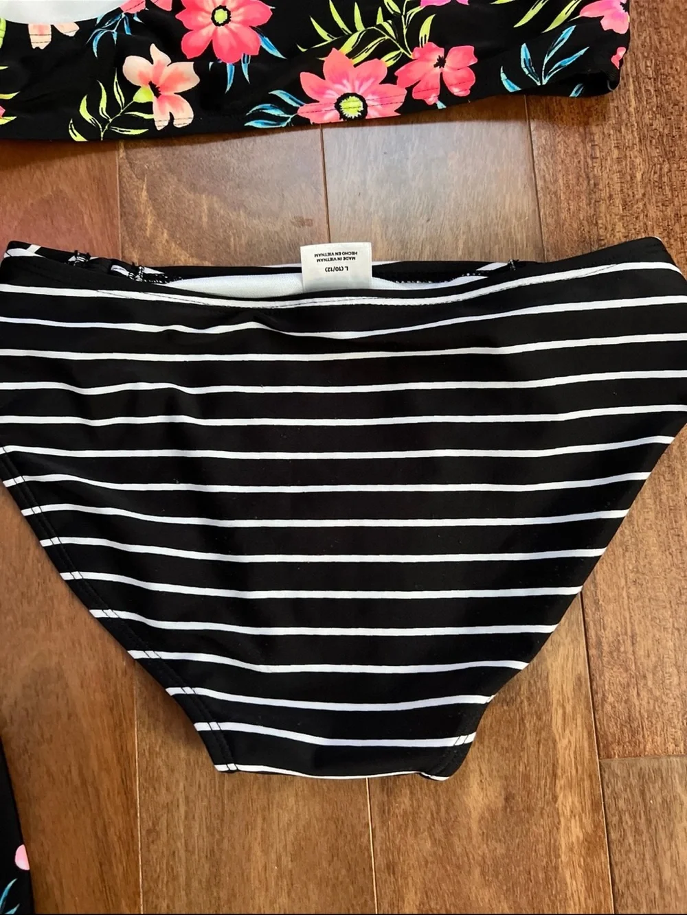 art class Black Rash Guard Swim Set with Pink Floral Sleeves & Striped Bottoms